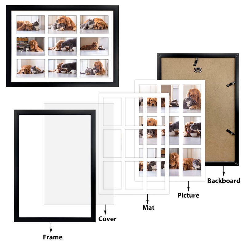 HORLIMER 9 Openings 4x6 Picture Frames Collage Set of 2, Black Multi Photo Frame for Wall Hanging, Horizontally or Vertically Display - Image 3